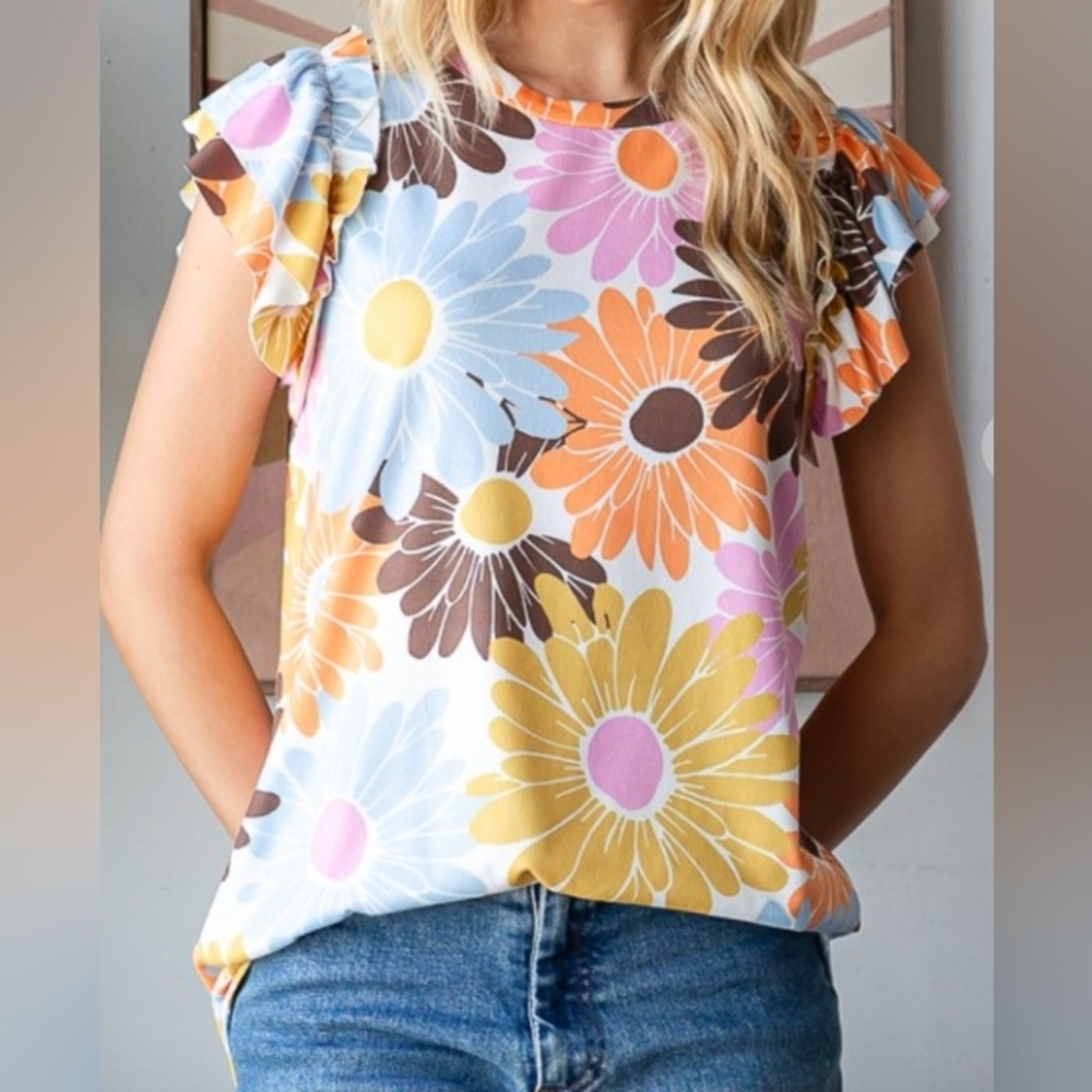 Floral Ruffle Sleeve Top - Multicolor - Picture 1 of 6